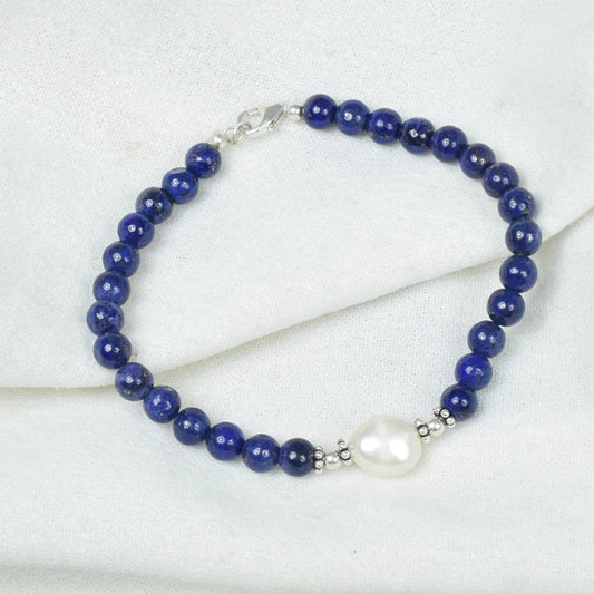 Blue Lapis Lazuli 925 Sterling Silver Beaded Gemstone Pearl Bracelet