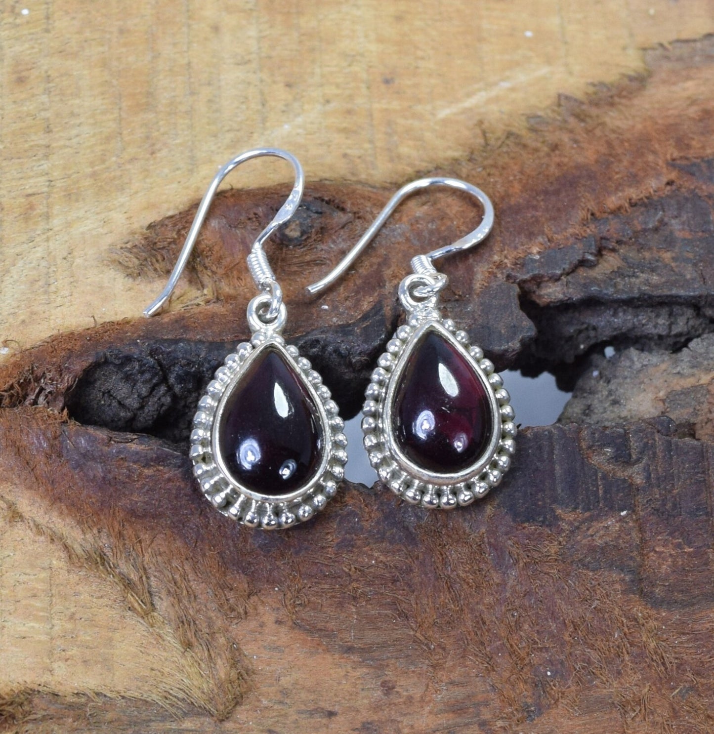 Red Garnet Hook 925 Sterling Silver Earring