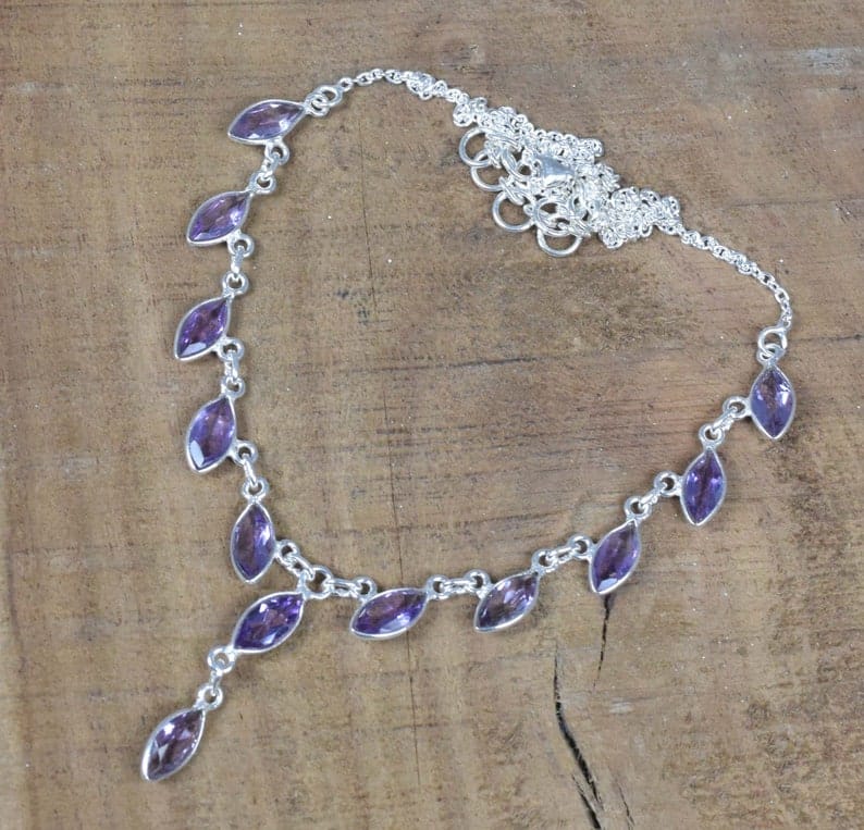 Cut Purple Amethyst 925 Sterling Silver Necklace