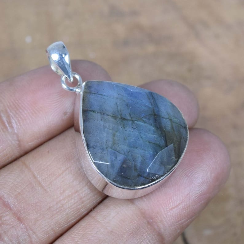 Faceted Labradorite/ Black Moonstone 925 Sterling Silver Natural Gemstone Pendant