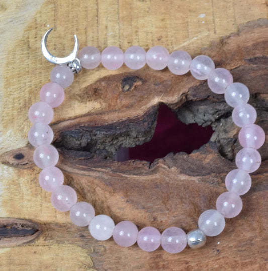 Rose Quartz 925 Sterling Silver Beaded Gemstone Moon Stretchable Bracelet