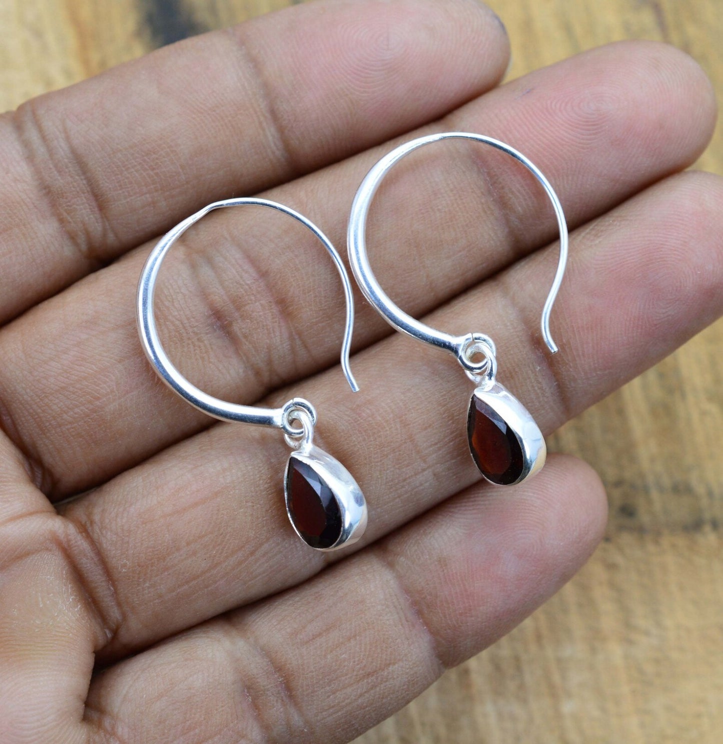 Red Garnet Hook 925 Sterling Silver Earring