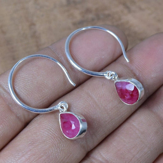 Red Ruby Hook 925 Sterling Silver Earring