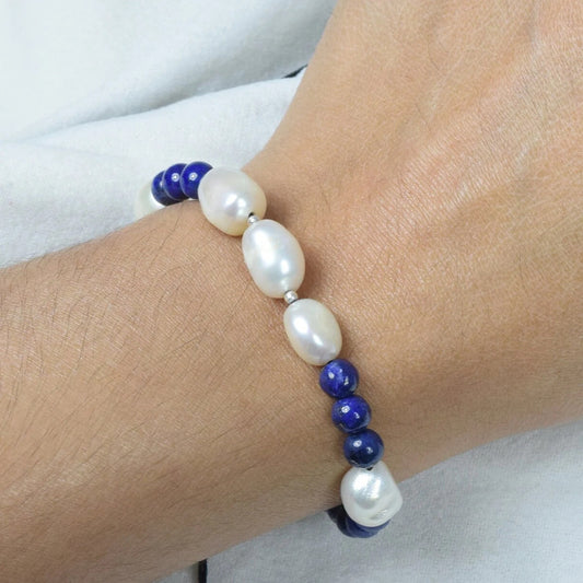 Blue Lapis Lazuli 925 Sterling Silver Beaded Gemstone Pearl Bracelet