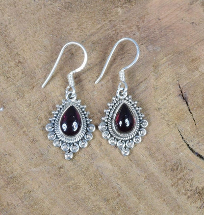 Red Garnet Hook 925 Sterling Silver Earring