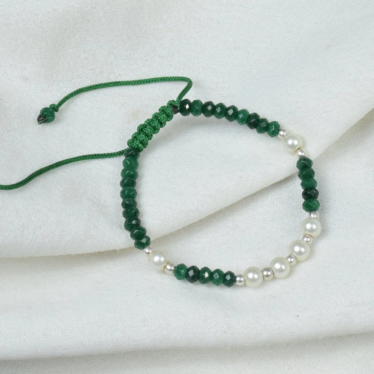 Cut Green Emerald 925 Sterling Silver Pearl Gemstone Beaded Bracelet