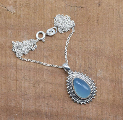 Blue Chalcedony 925 Sterling Silver Chain Pendant