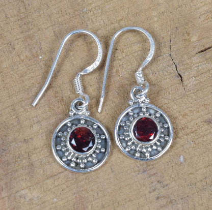 Cut Red Garnet Hook 925 Sterling Silver Earring