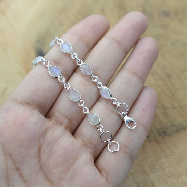 Rainbow Moonstone 925 Sterling Silver Natural Gemstone Bracelet