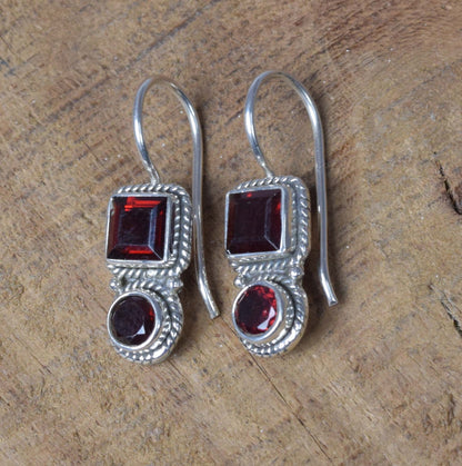 Karma Cut Red Garnet Hook 925 Sterling Silver Earring