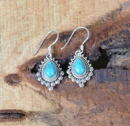 Blue Turquoise Hook 925 Sterling Silver Earring