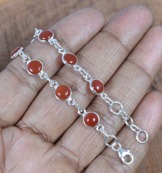 Red Carnelian 925 Sterling Silver Bezel Bracelet