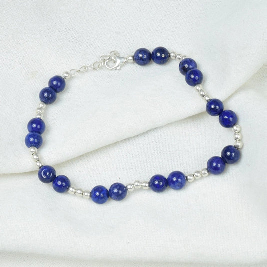 Blue Lapis Lazuli 925 Sterling Silver Beaded Gemstone Pearl Bracelet