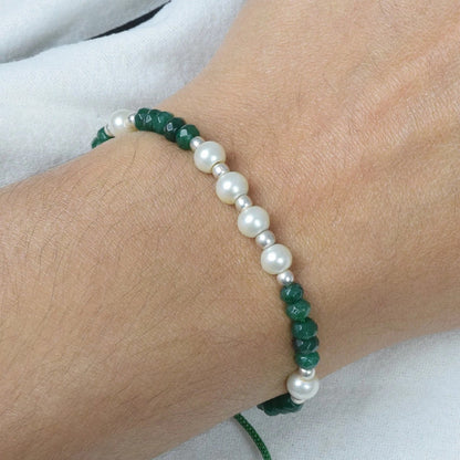 Cut Green Emerald 925 Sterling Silver Pearl Gemstone Beaded Bracelet