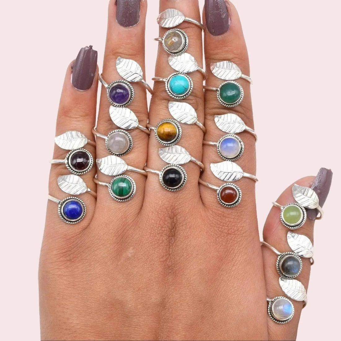 925 Sterling Silver Feather Style Adjustable Natural Gemstone Ring