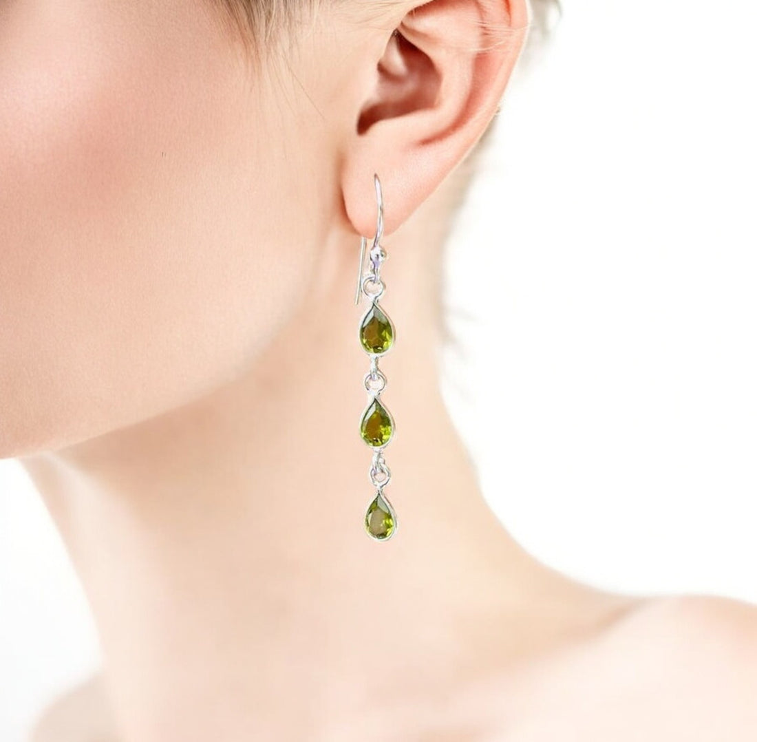 925 Sterling Silver Natural Gemstone 3 stone Hook Earring