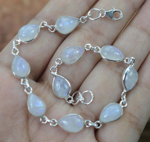 Rainbow Moonstone 925 Sterling Silver Natural Gemstone Bracelet