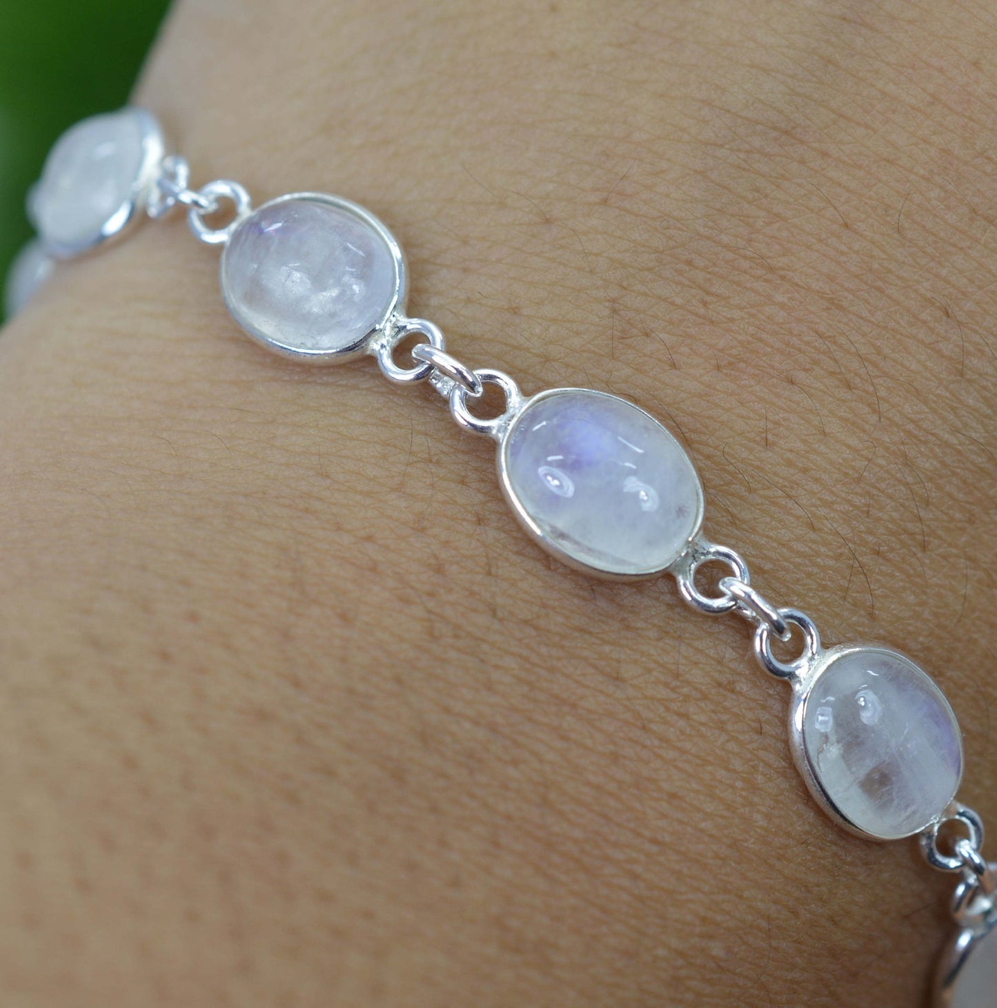 Rainbow Moonstone 925 Sterling Silver Bezel Oval Minimalist Bracelet