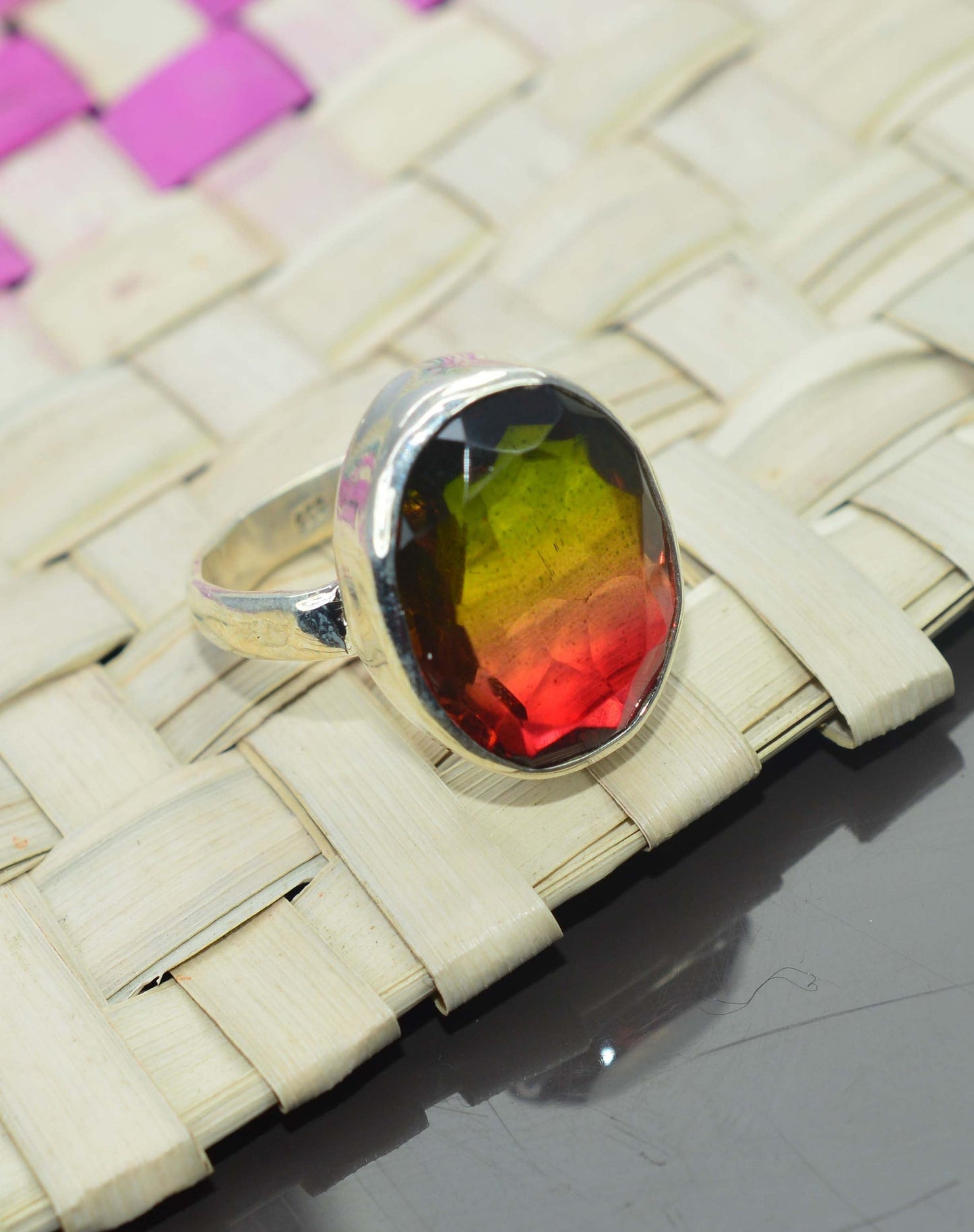 Watermelon Quartz Silver 925 Sterling Silver Gemstone Ring, Watermelon Quartz Ring