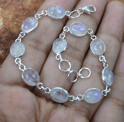 Rainbow Moonstone 925 Sterling Silver Bezel Oval Minimalist Bracelet