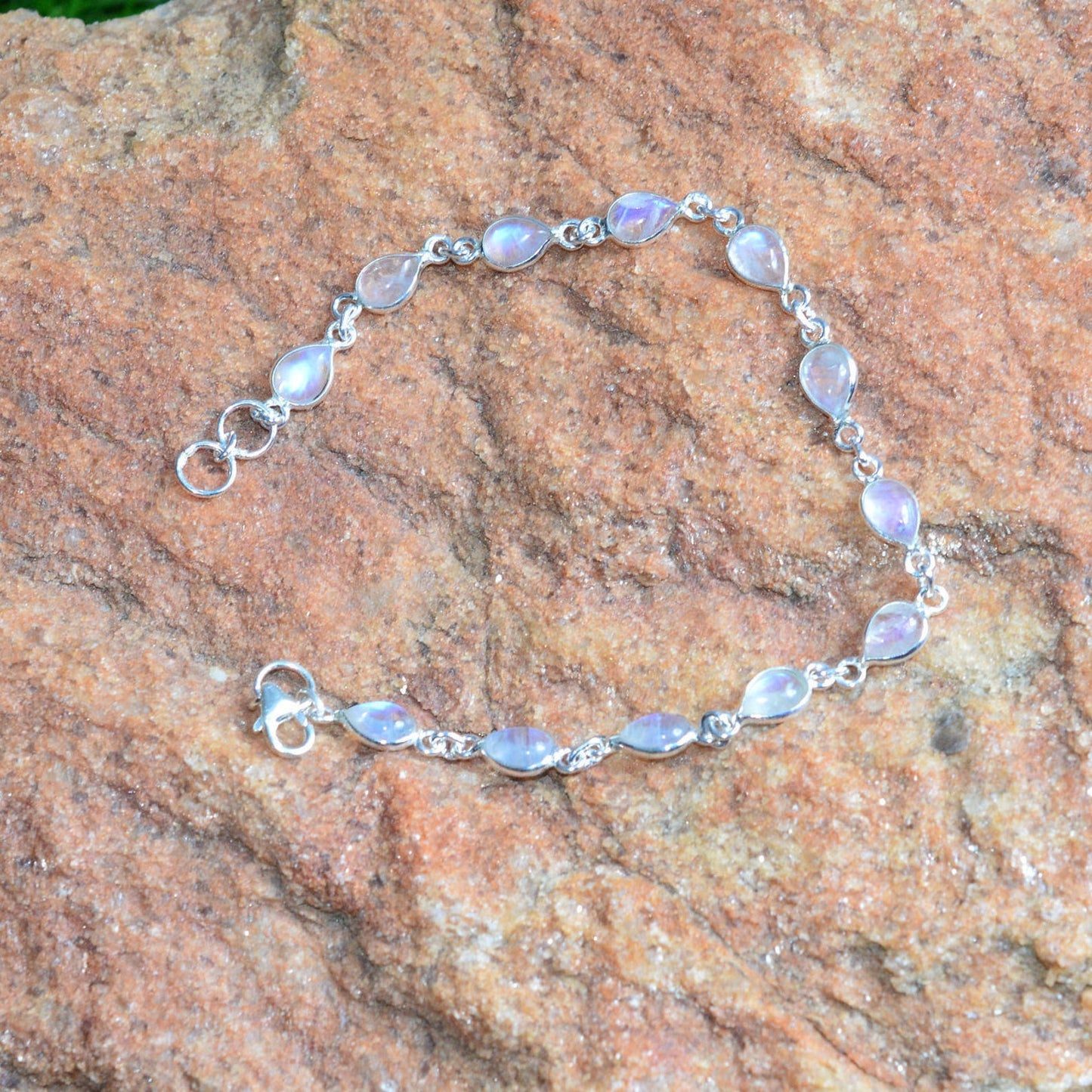 Rainbow Moonstone 925 Sterling Silver Pear Shape Bezel Bracelet