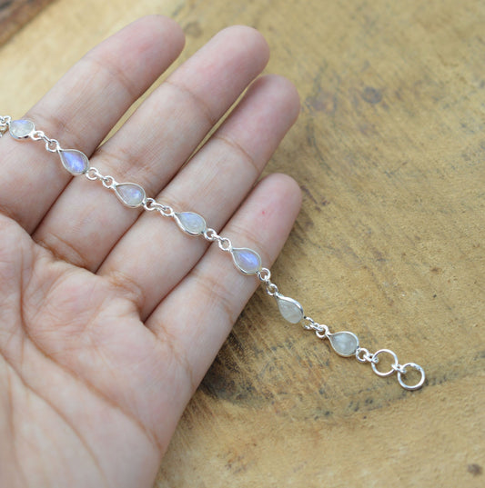 Rainbow Moonstone 925 Sterling Silver Pear Shape Bezel Bracelet