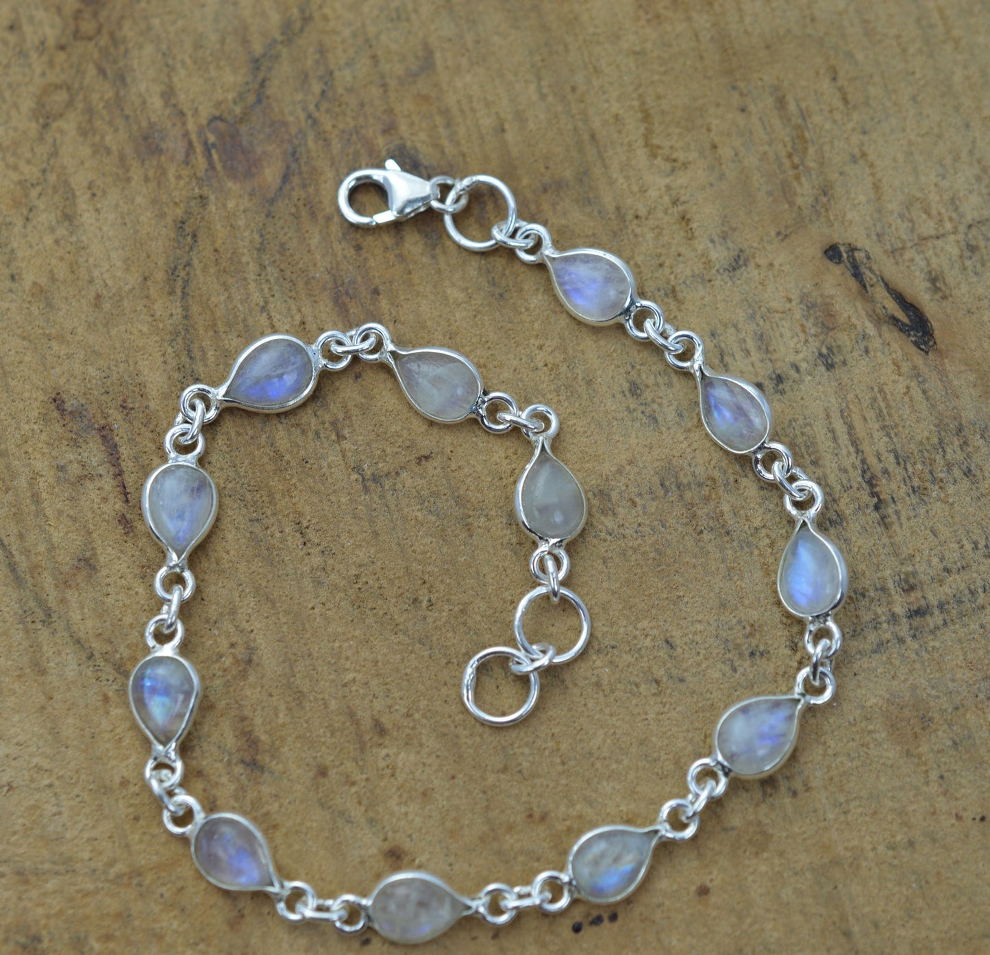 Rainbow Moonstone 925 Sterling Silver Pear Shape Bezel Bracelet