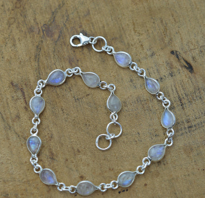 Rainbow Moonstone 925 Sterling Silver Pear Shape Bezel Bracelet