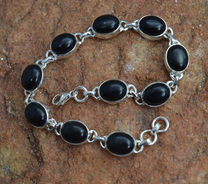 Onyx 925 Sterling Silver Black Onyx Oval Shape Gemstone Jewelry Adjustable Bracelet