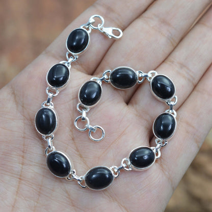 Onyx 925 Sterling Silver Black Onyx Oval Shape Gemstone Jewelry Adjustable Bracelet