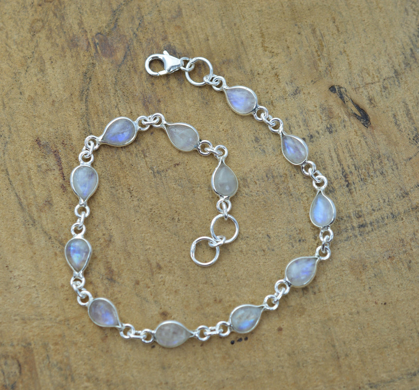 Rainbow Moonstone 925 Sterling Silver Pear Shape Bezel Bracelet