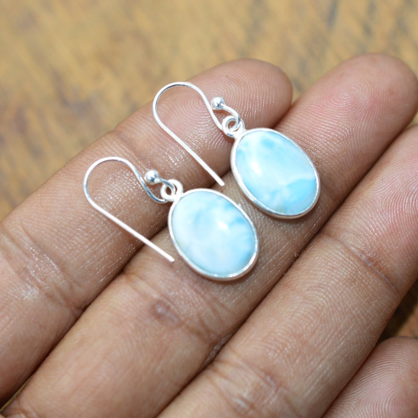 Larimar 925 Sterling Silver Natural Gemstone 1 Pair Hook Earring ~ Handmade Jewelry ~ Oval Shape Earring