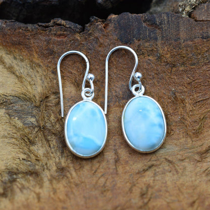 Larimar 925 Sterling Silver Natural Gemstone 1 Pair Hook Earring ~ Handmade Jewelry ~ Oval Shape Earring