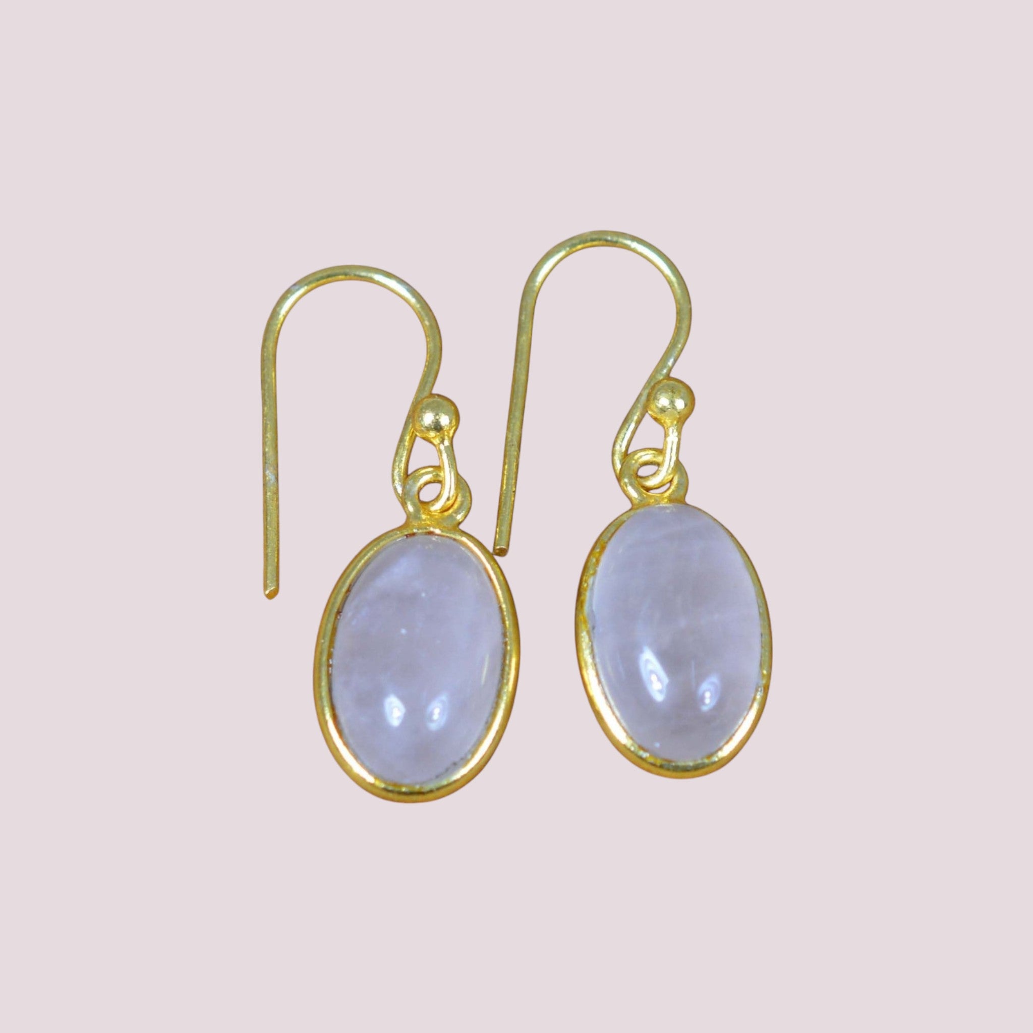 Pink Rose Quartz 925 Sterling Silver 18 Carat Gold Overlay Oval Shape Gemstone 1 PAIR Hook Earring