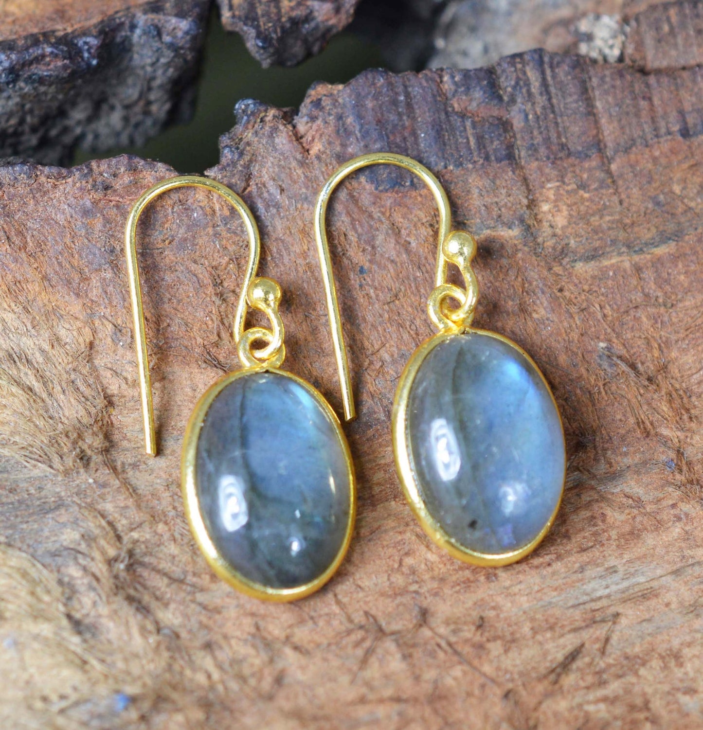 Labradorite 925 Sterling Silver 18 Carat Gold Overlay Gemstone Hook Earring ~ Bezel Setting Earring