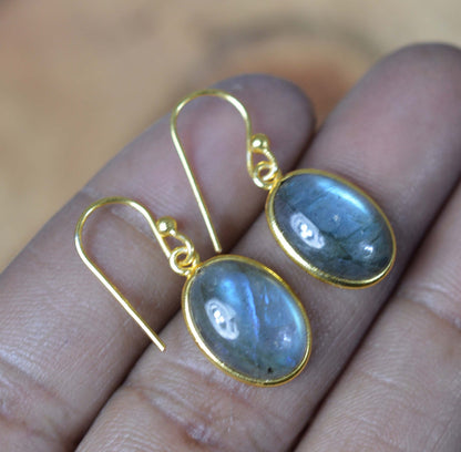 Labradorite 925 Sterling Silver 18 Carat Gold Overlay Gemstone Hook Earring ~ Bezel Setting Earring