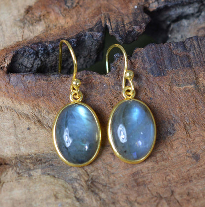 Labradorite 925 Sterling Silver 18 Carat Gold Overlay Gemstone Hook Earring ~ Bezel Setting Earring