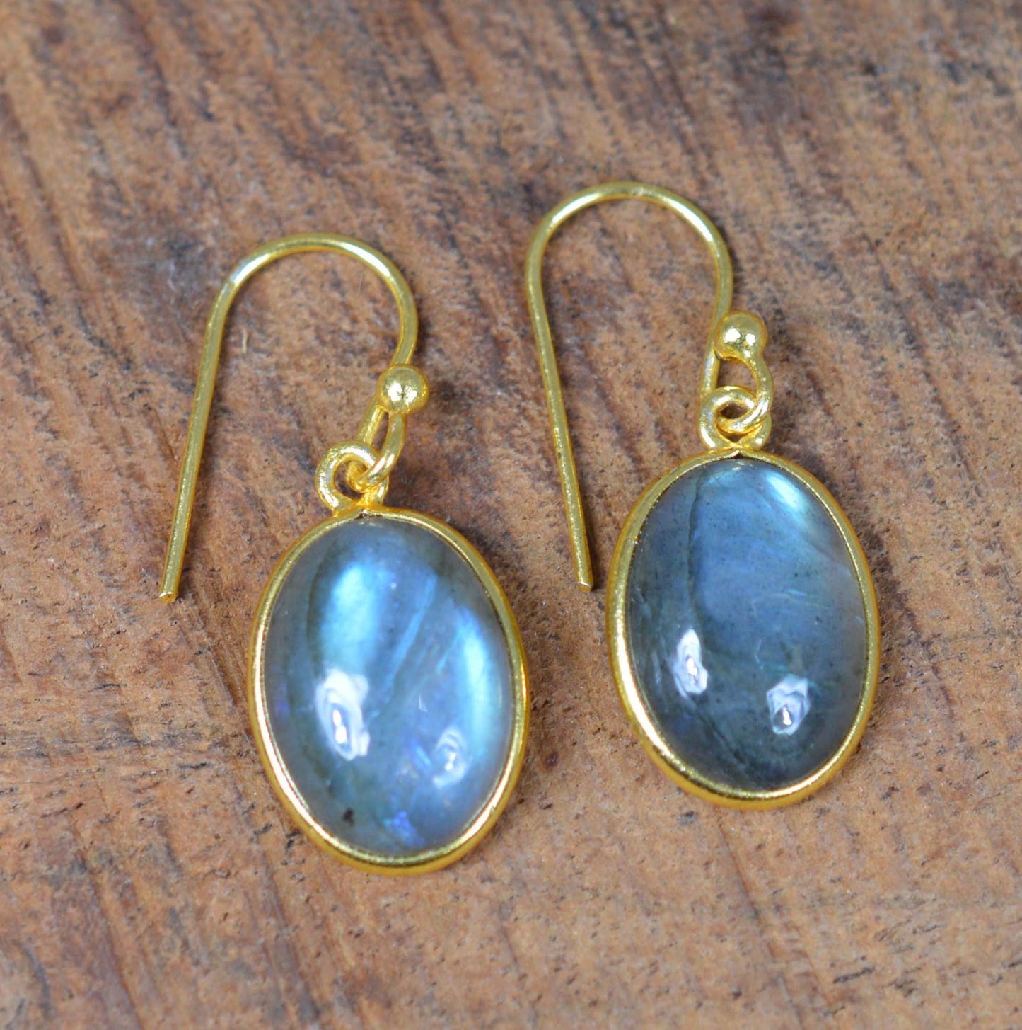 Labradorite 925 Sterling Silver 18 Carat Gold Overlay Gemstone Hook Earring ~ Bezel Setting Earring