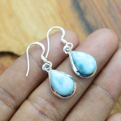 Blue Larimar 925 Sterling Silver Gemstone Hook Earring