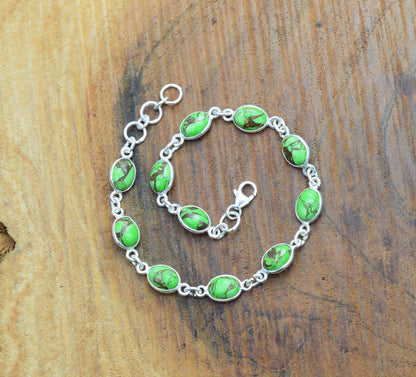 Green Copper Turquoise 925 Sterling Silver Adjustable Bracelet ~Handmade Jewelry ~Oval Shape Bracelet