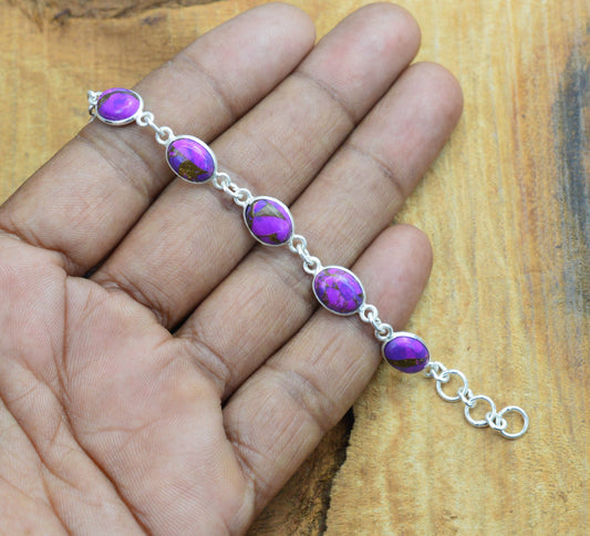 Purple Copper Turquoise 925 Sterling Silver Bezel Bracelet