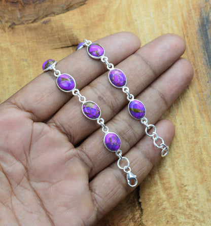 Purple Copper Turquoise 925 Sterling Silver Bezel Bracelet