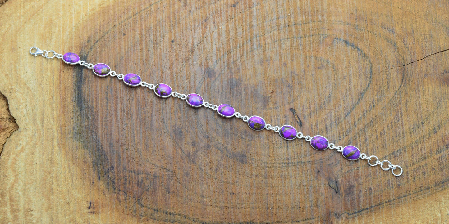 Purple Copper Turquoise 925 Sterling Silver Bezel Bracelet