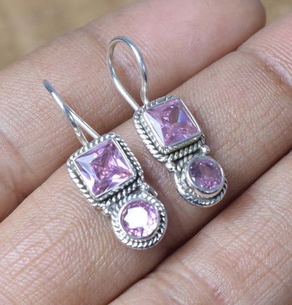 Karma Pink Topaz Hook 925 Sterling Silver Earring