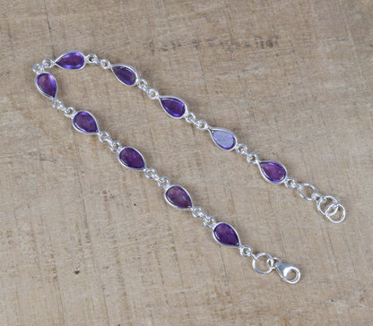 Amethyst 925 Sterling Silver Natural Gemstone Pear Shape Bezel Bracelet