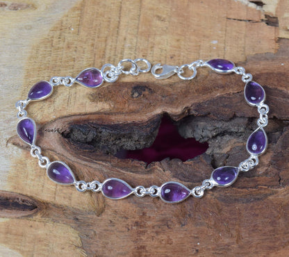 Amethyst 925 Sterling Silver Natural Gemstone Pear Shape Bezel Bracelet