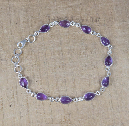 Amethyst 925 Sterling Silver Natural Gemstone Pear Shape Bezel Bracelet