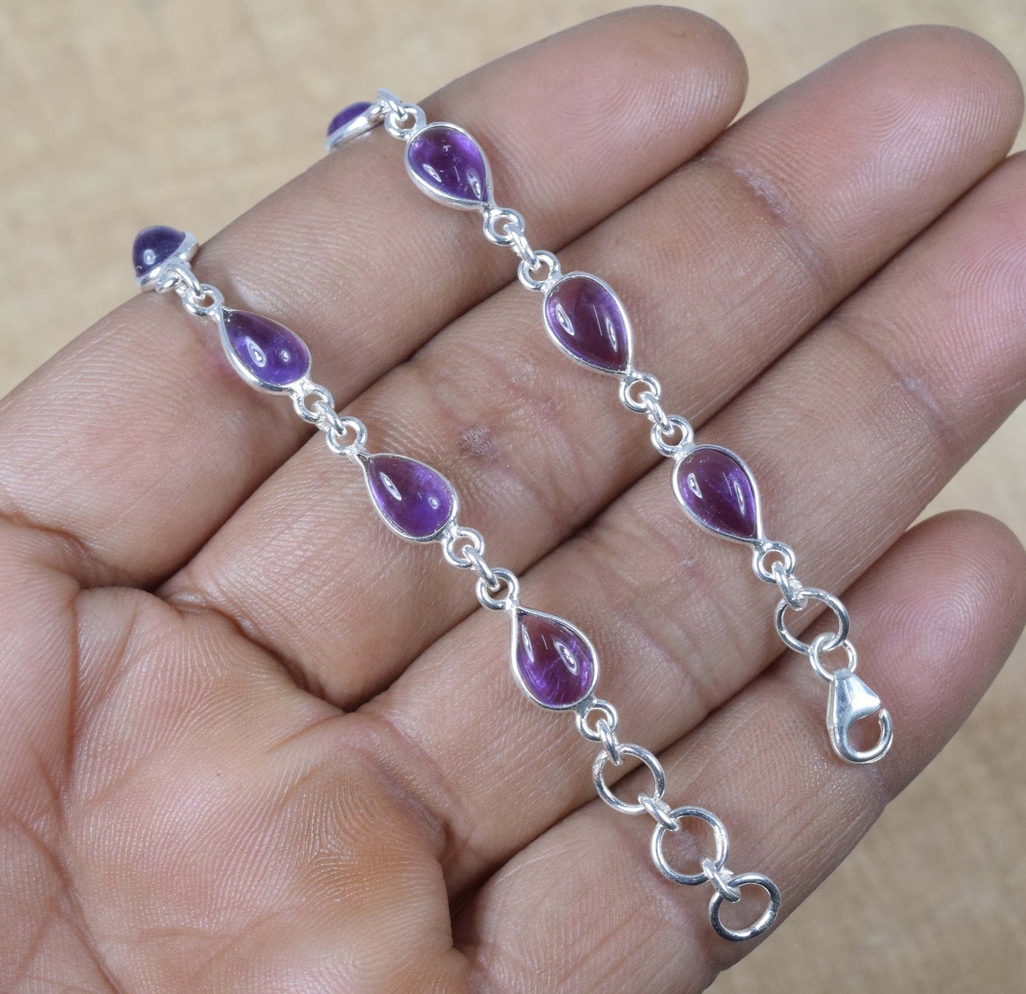 Amethyst 925 Sterling Silver Natural Gemstone Pear Shape Bezel Bracelet