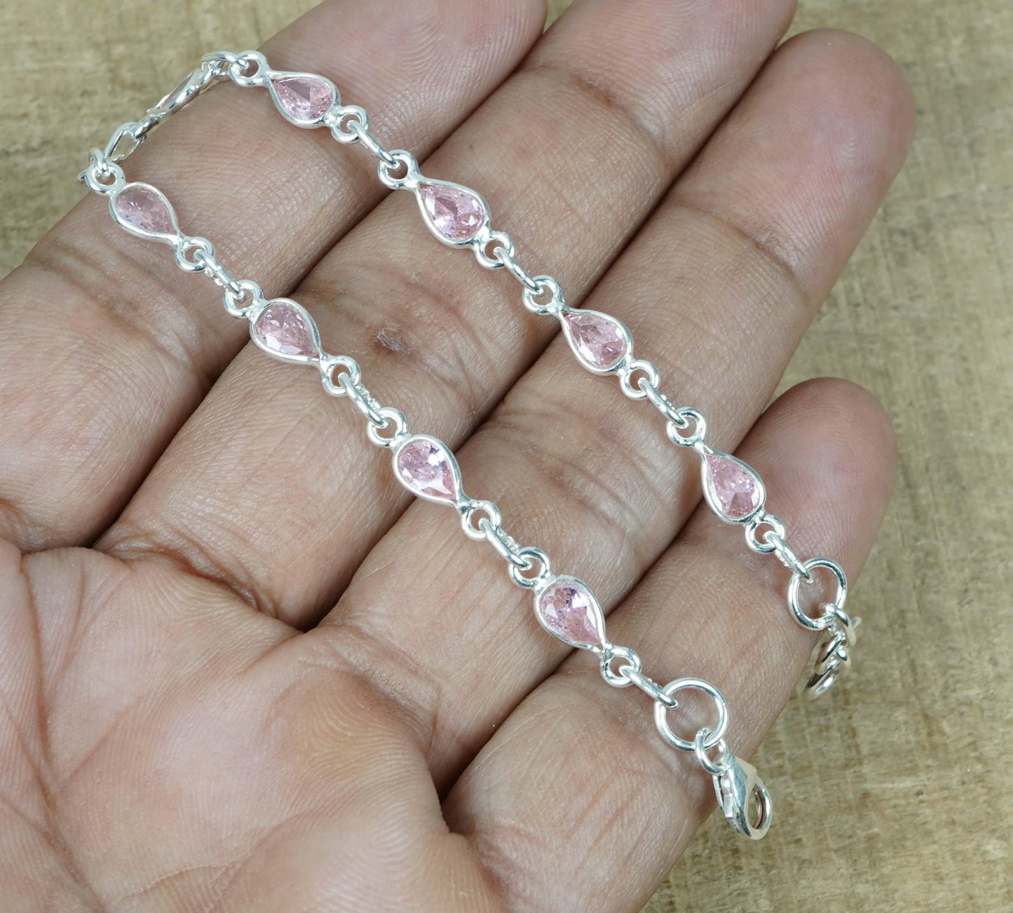 Pink Topaz 925 Sterling Silver Natural Pear Shape Faceted Gemstone Bracelet