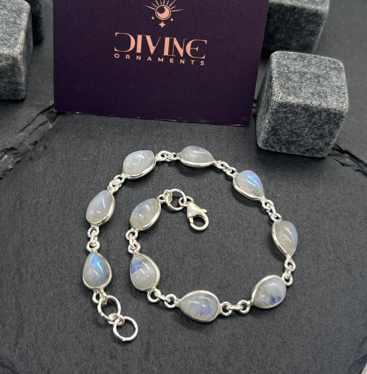 Rainbow Moonstone 925 Sterling Silver Natural Gemstone Bracelet